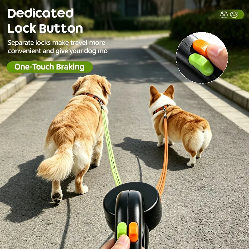 Retractable dual dog leash with LED light held in hand during a walk