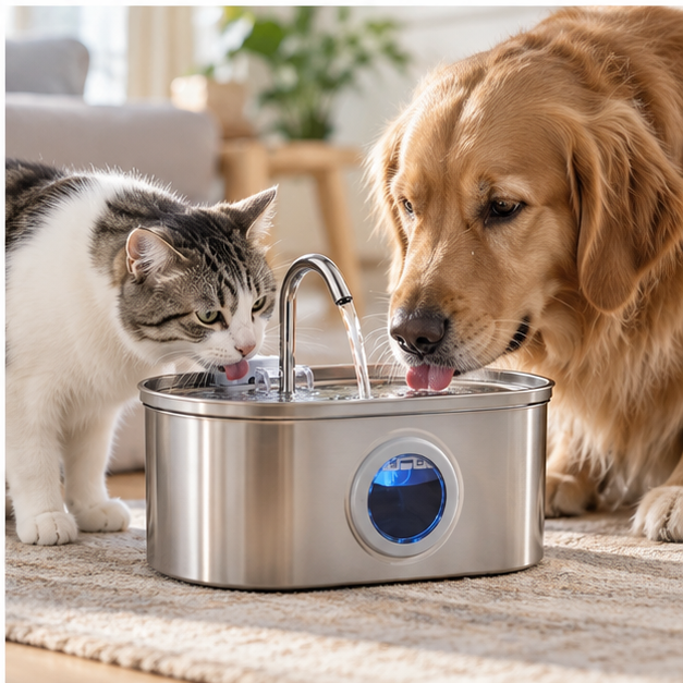 Cat and dog using VelyZoo AquaFlow pet water fountain